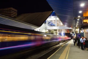 High speed train departing platform 9 from London end at Reading Station.
