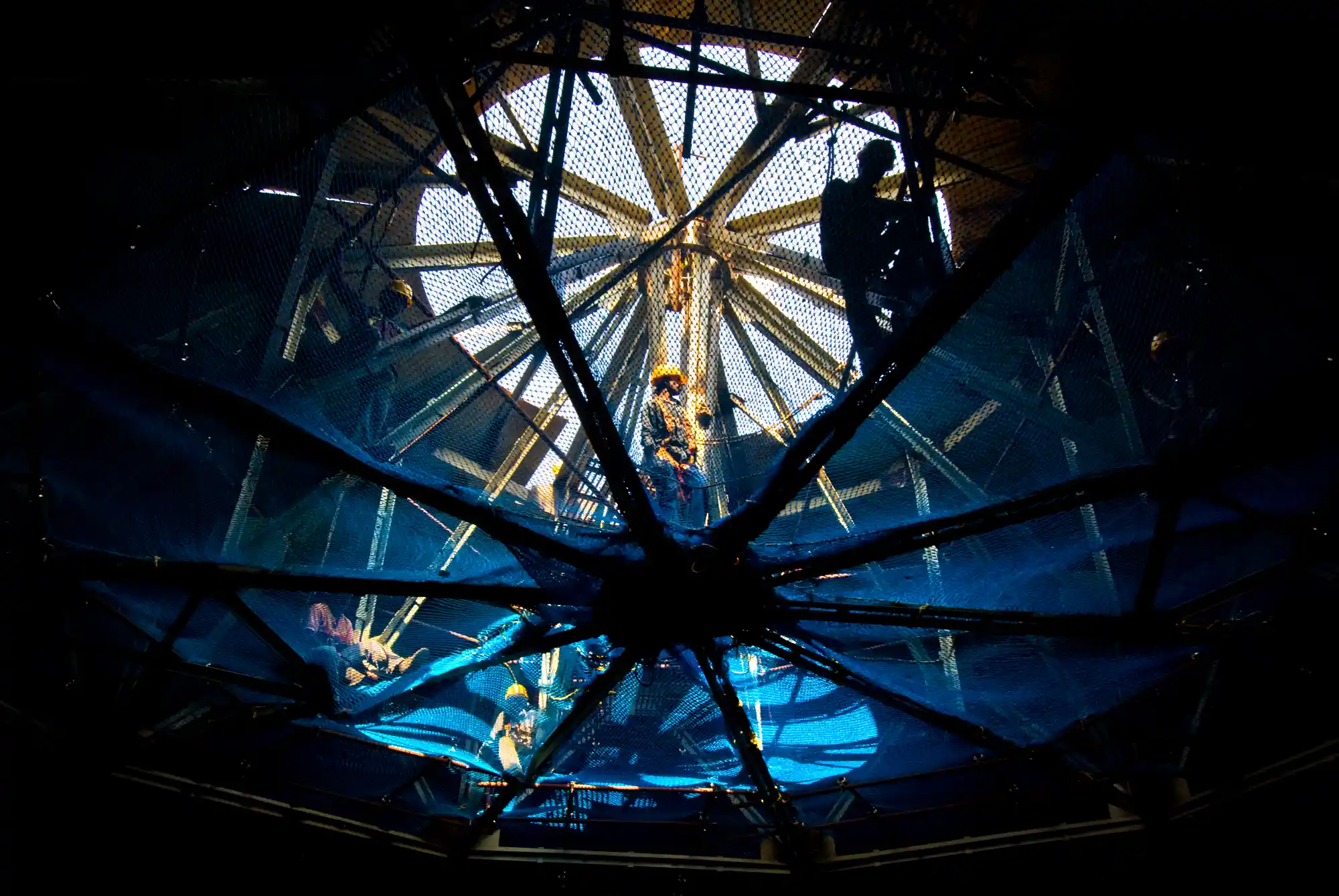Looking up inside a tank at the terminal process plant.