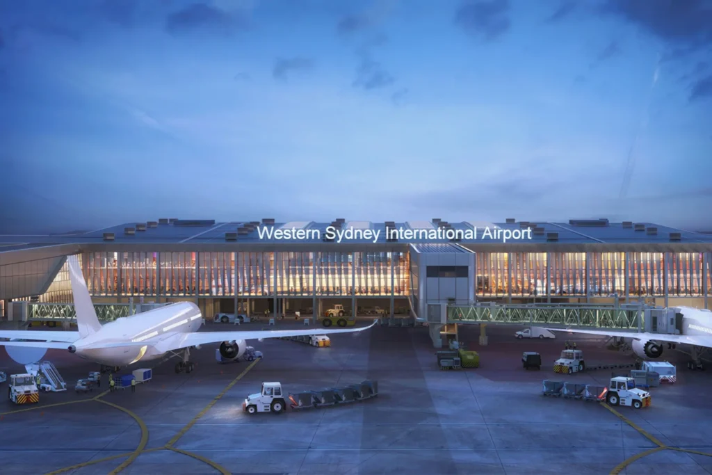 Rendering of a view of the aircraft loading area at the Western Sydney Airport.