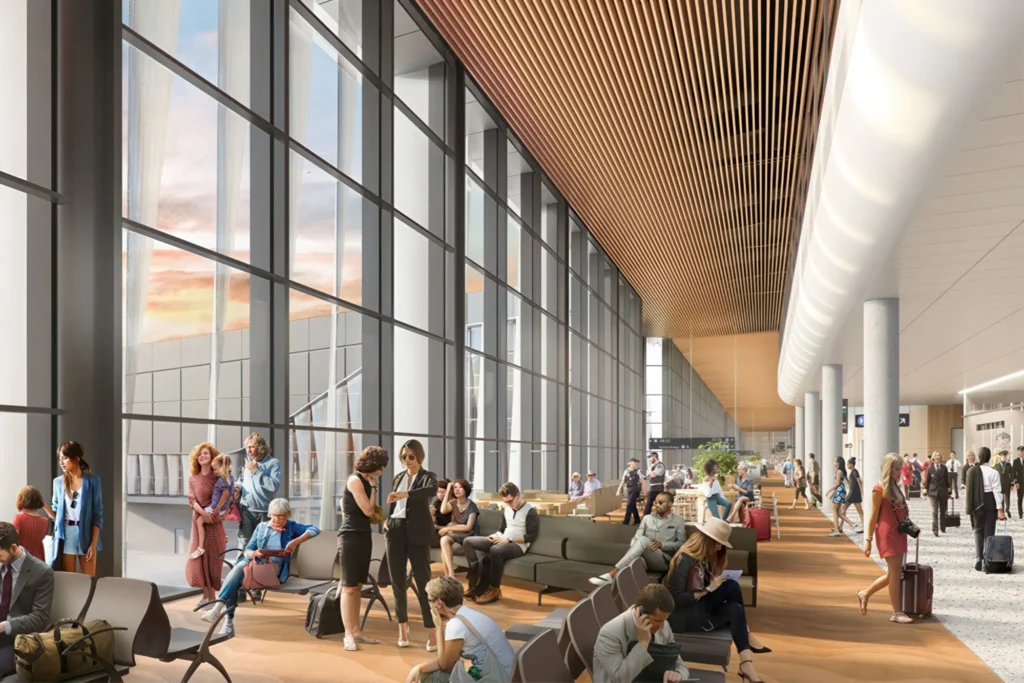 Rendering of passengers in the departure waiting area at the Western Sydney Airport.